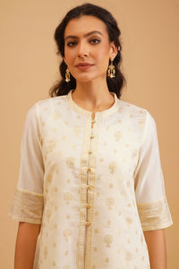 Off White Gold Printed Straight Kurta with Trousers and Jacket Set