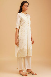 Off White Gold Printed Straight Kurta with Trousers and Jacket Set