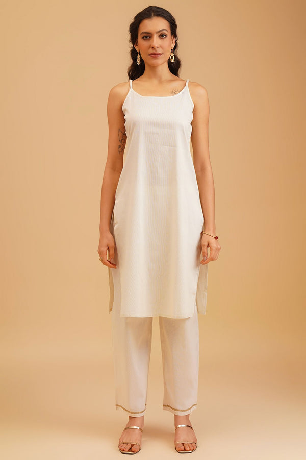 Off White Gold Printed Straight Kurta with Trousers and Jacket Set