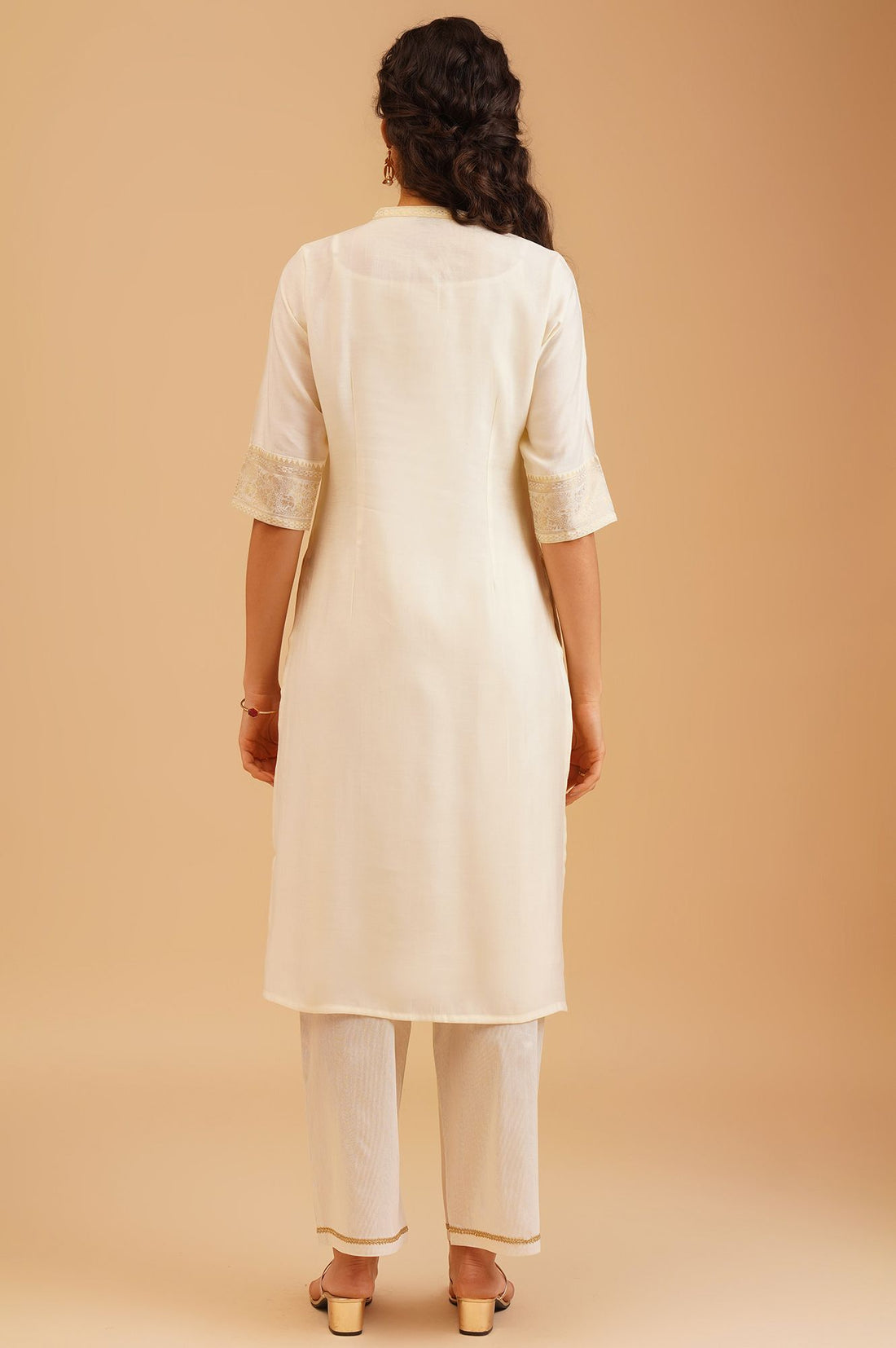 Off White Gold Printed Straight Kurta with Trousers and Jacket Set