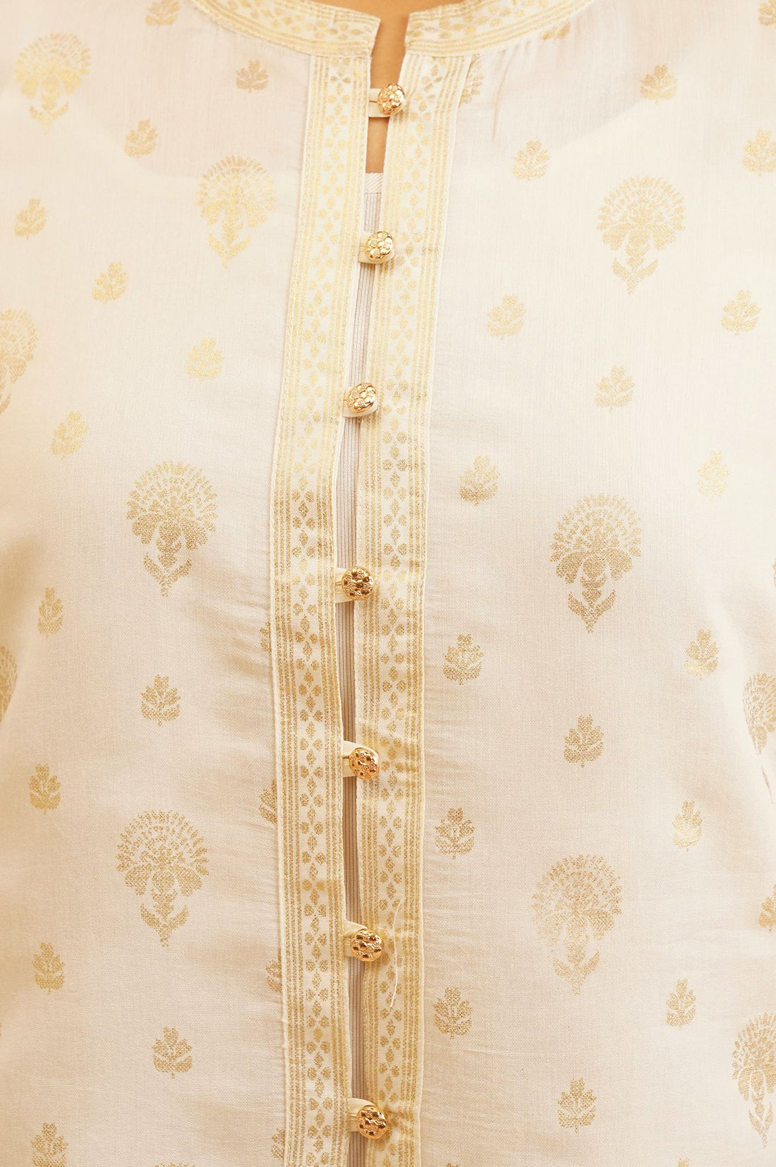 Off White Gold Printed Straight Kurta with Trousers and Jacket Set