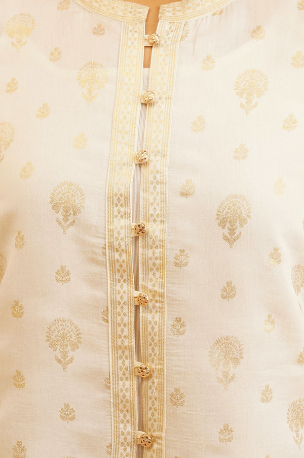 Off White Gold Printed Straight Kurta with Trousers and Jacket Set