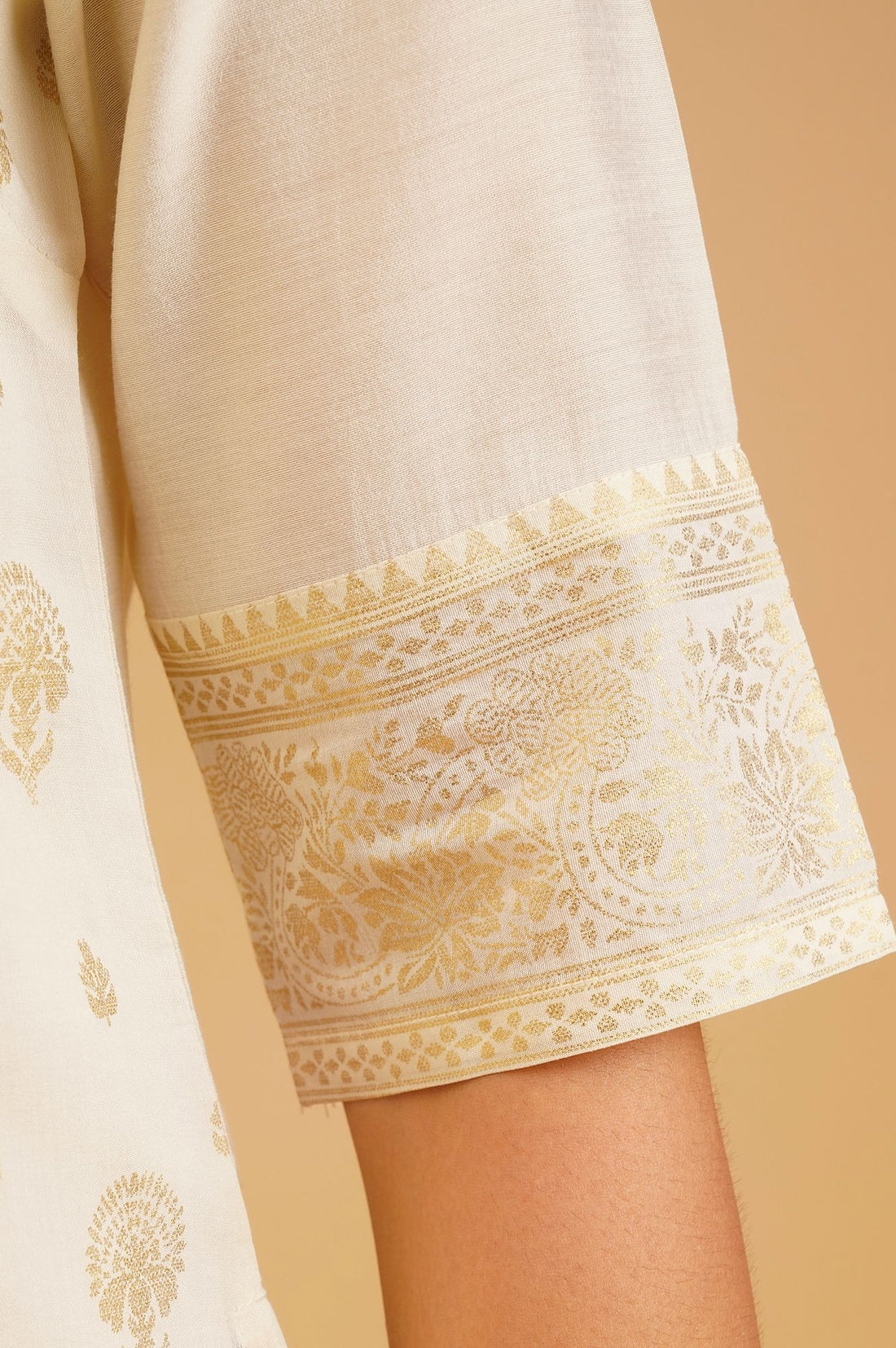 Off White Gold Printed Straight Kurta with Trousers and Jacket Set