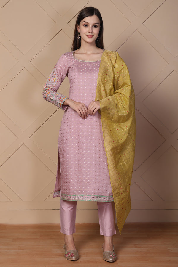 Pink Embroidered Straight Jacquard Kurta with Trouser and Dupatta Set