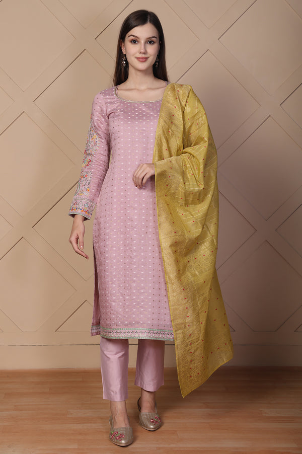 Pink Embroidered Straight Jacquard Kurta with Trouser and Dupatta Set