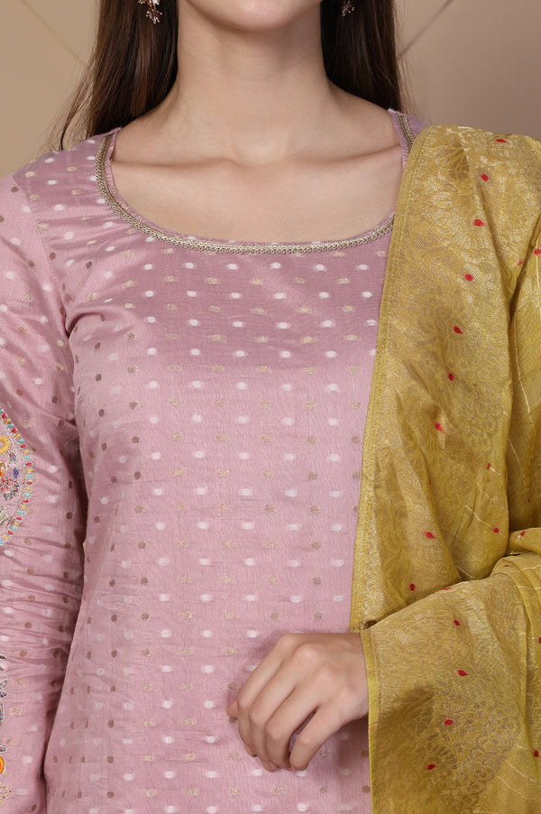 Pink Embroidered Straight Jacquard Kurta with Trouser and Dupatta Set