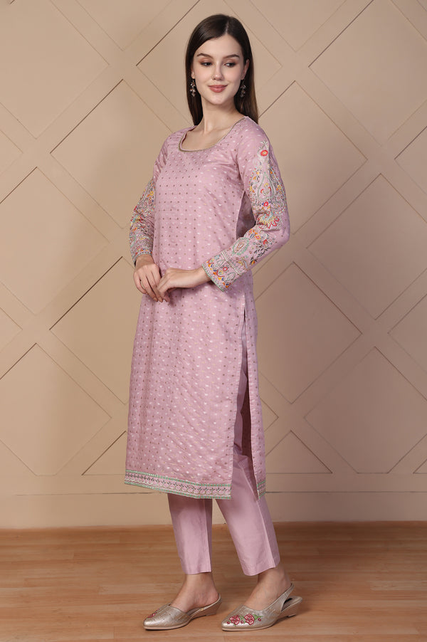 Pink Embroidered Straight Jacquard Kurta with Trouser and Dupatta Set