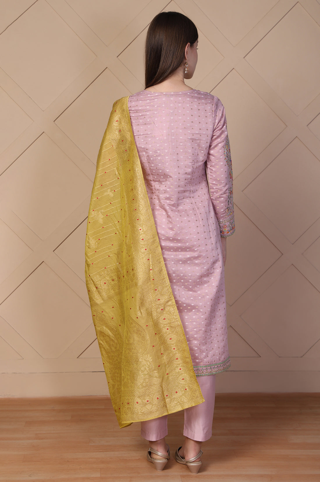 Pink Embroidered Straight Jacquard Kurta with Trouser and Dupatta Set