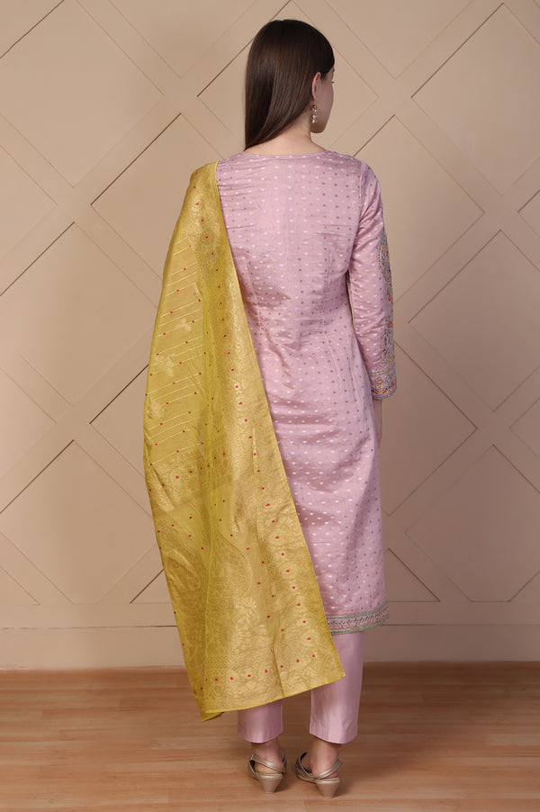 Pink Embroidered Straight Jacquard Kurta with Trouser and Dupatta Set