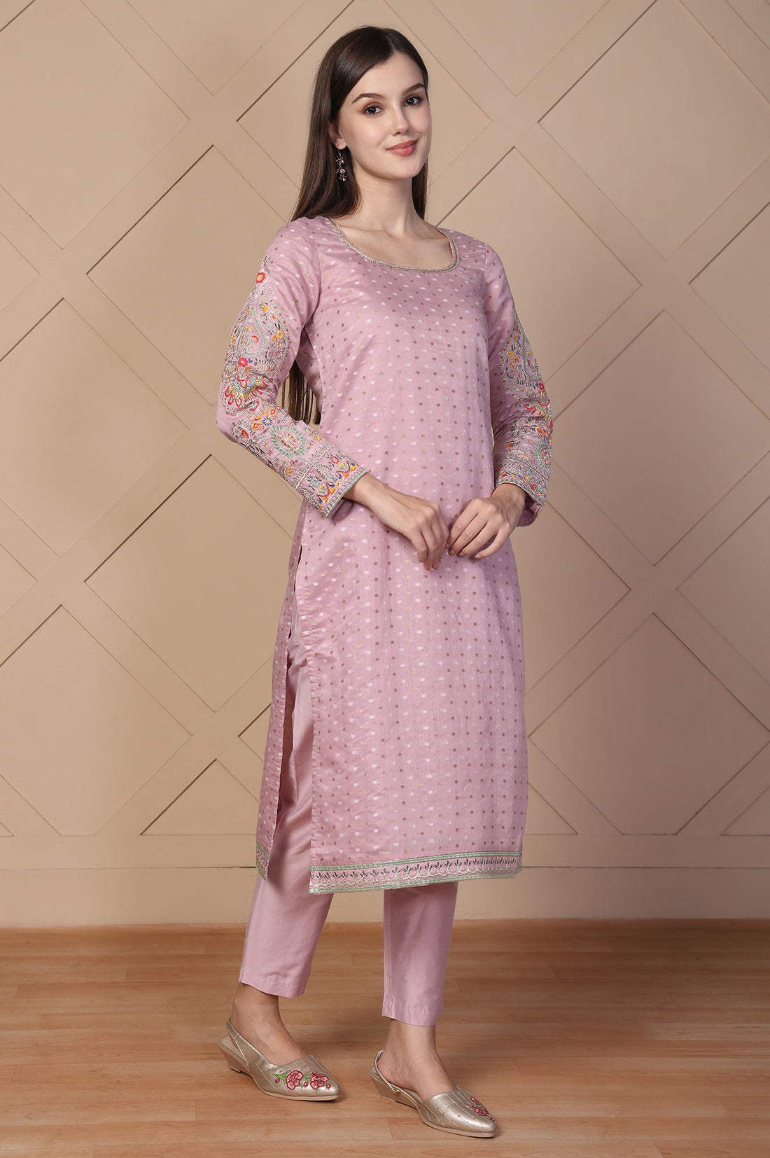 Pink Embroidered Straight Jacquard Kurta with Trouser and Dupatta Set