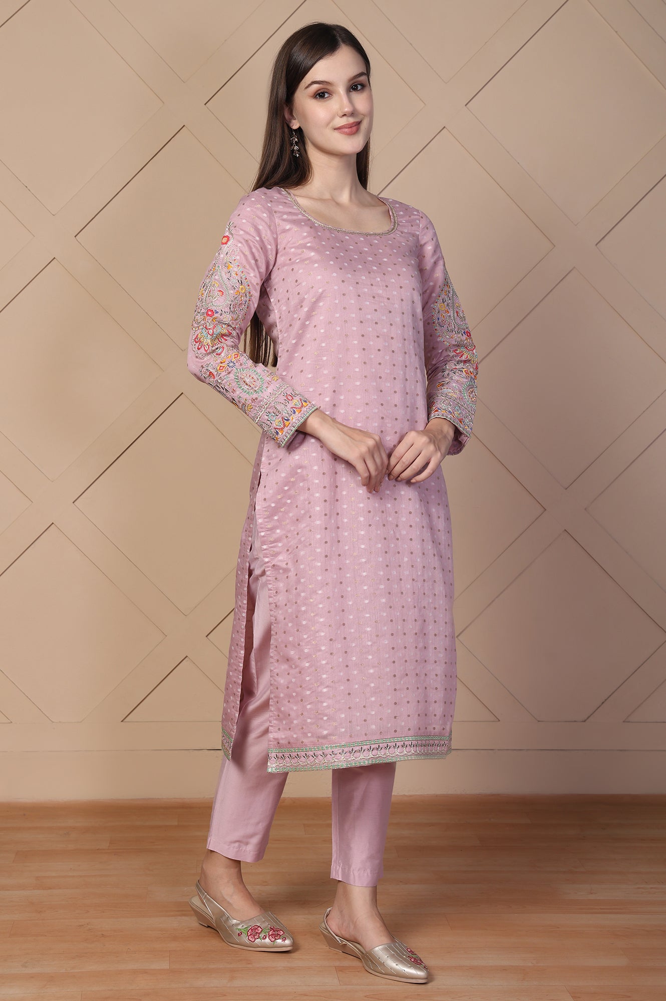 Pink Embroidered Straight Jacquard Kurta with Trouser and Dupatta Set