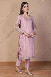 Pink Embroidered Straight Jacquard Kurta with Trouser and Dupatta Set