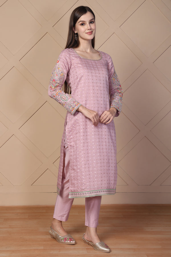 Pink Embroidered Straight Jacquard Kurta with Trouser and Dupatta Set