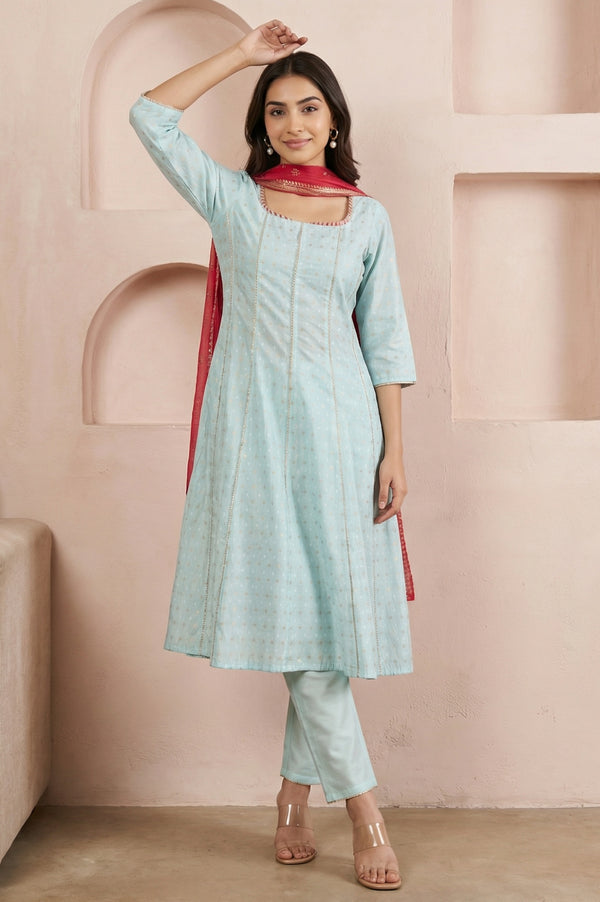 Light Blue Zari Embellished Chanderi Buti A-line Kurta with Trousers and Dupatta Set
