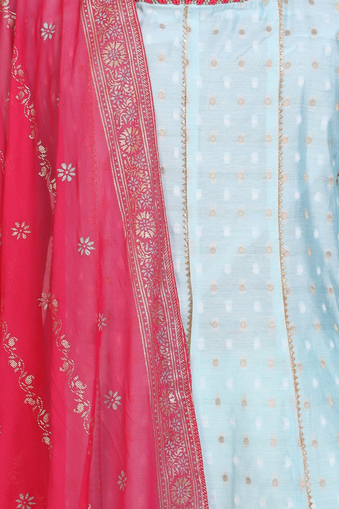 Light Blue Zari Embellished Chanderi Buti A-line Kurta with Trousers and Dupatta Set