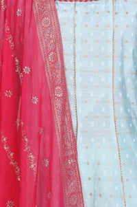Light Blue Zari Embellished Chanderi Buti A-line Kurta with Trousers and Dupatta Set