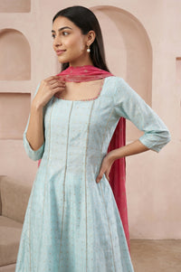 Light Blue Zari Embellished Chanderi Buti A-line Kurta with Trousers and Dupatta Set