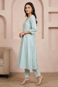Light Blue Zari Embellished Chanderi Buti A-line Kurta with Trousers and Dupatta Set