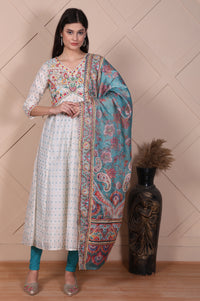 White Floral Printed Embroidered Flared Kurta, Leggings and Dupatta Set