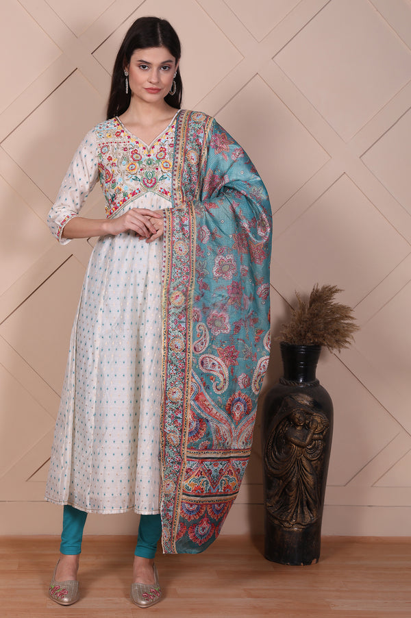 White Floral Printed Embroidered Flared Kurta, Leggings and Dupatta Set