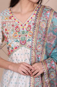 White Floral Printed Embroidered Flared Kurta, Leggings and Dupatta Set