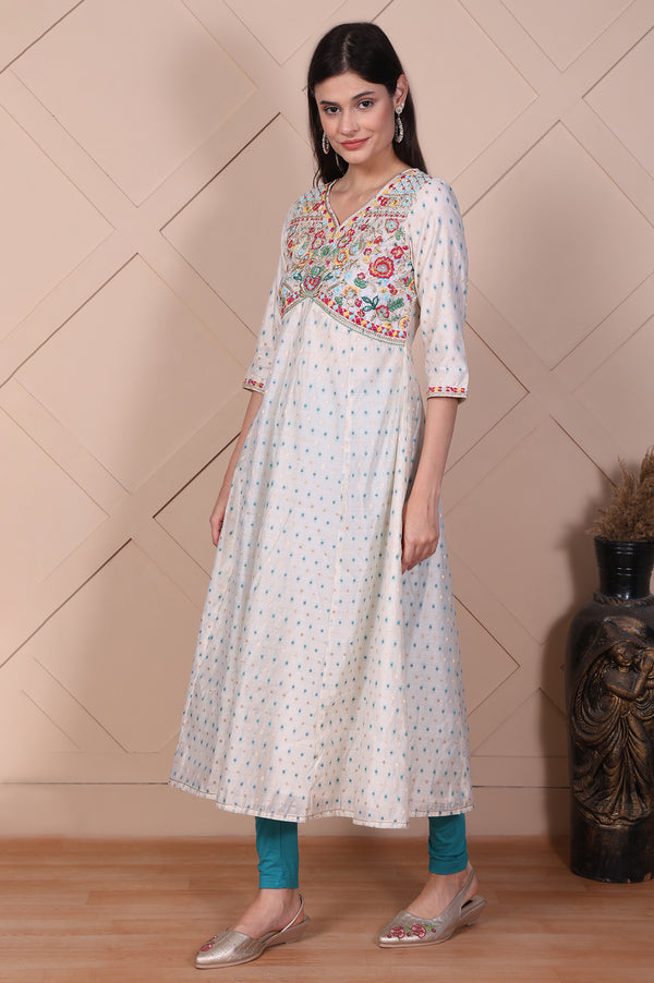 White Floral Printed Embroidered Flared Kurta, Leggings and Dupatta Set