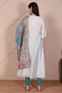 White Floral Printed Embroidered Flared Kurta, Leggings and Dupatta Set