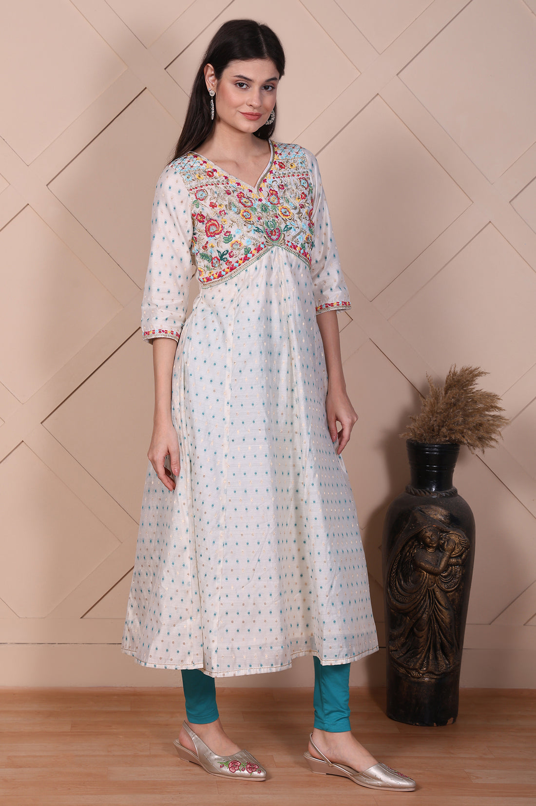 White Floral Printed Embroidered Flared Kurta, Leggings and Dupatta Set