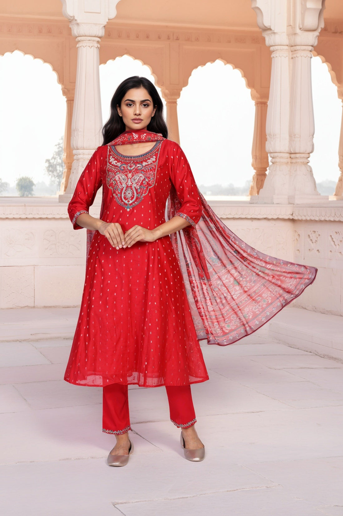 Red Geometric Print Foil Embroidered Anarkali Woven Kurta with Trouser and Dupatta Set