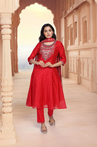 Red Geometric Print Foil Embroidered Anarkali Woven Kurta with Trouser and Dupatta Set