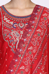 Red Geometric Print Foil Embroidered Anarkali Woven Kurta with Trouser and Dupatta Set