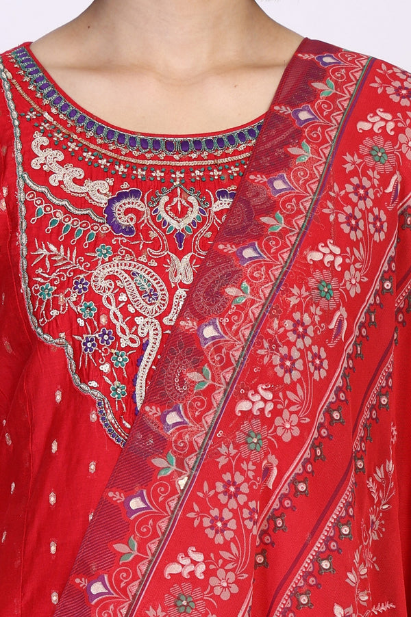 Red Geometric Print Foil Embroidered Anarkali Woven Kurta with Trouser and Dupatta Set