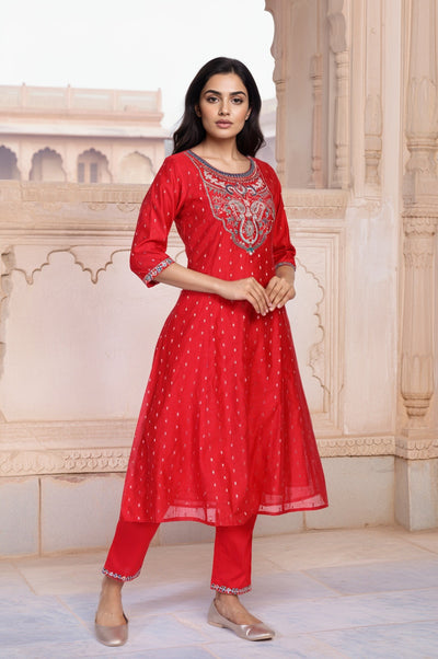 Red Geometric Print Foil Embroidered Anarkali Woven Kurta with Trouser and Dupatta Set