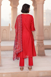 Red Geometric Print Foil Embroidered Anarkali Woven Kurta with Trouser and Dupatta Set