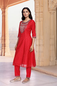 Red Geometric Print Foil Embroidered Anarkali Woven Kurta with Trouser and Dupatta Set