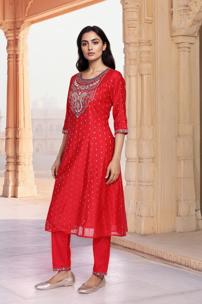 Red Geometric Print Foil Embroidered Anarkali Woven Kurta with Trouser and Dupatta Set