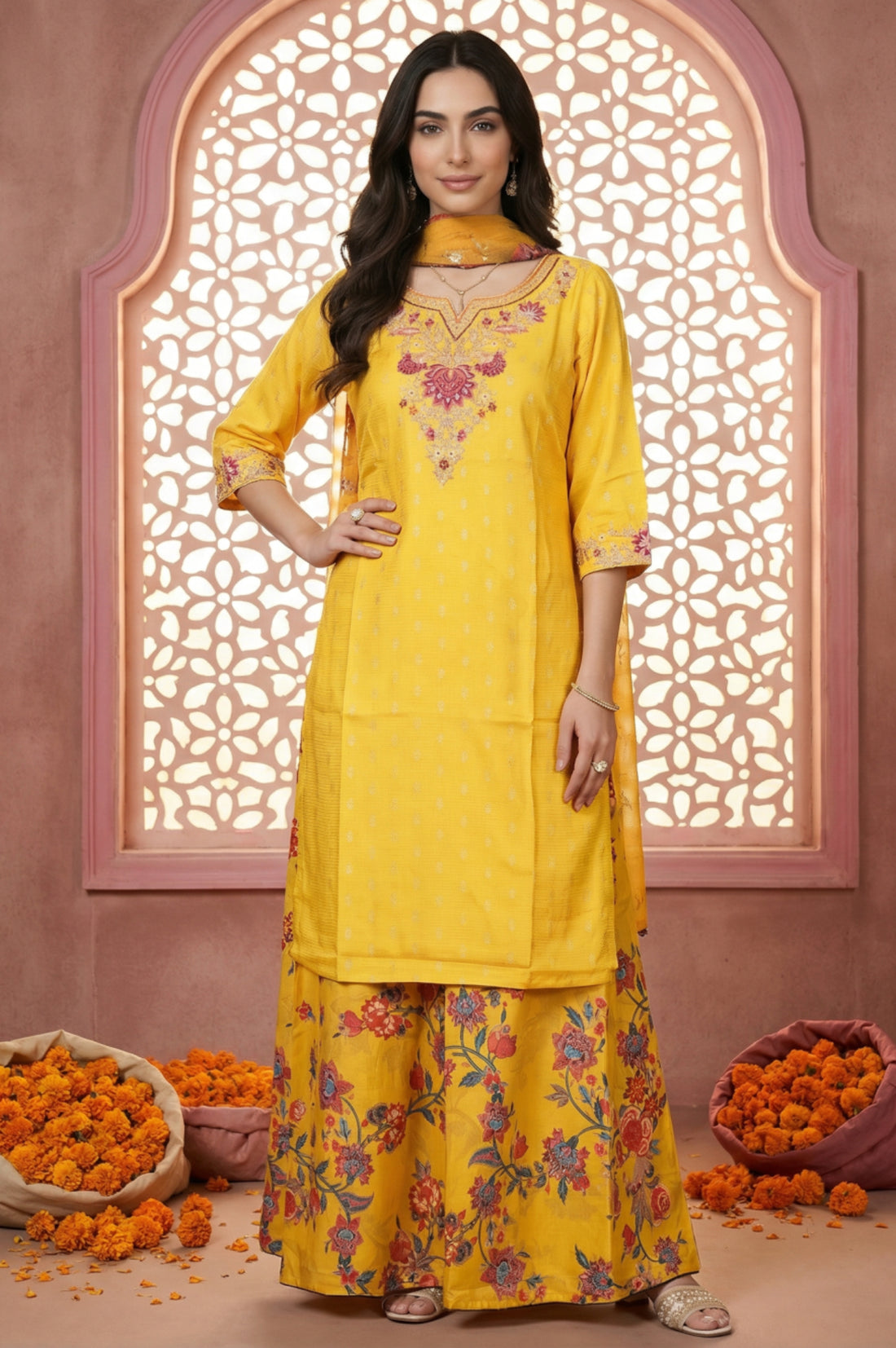 Yellow Embroidered Jacquard Straight Kurta with Printed Sharara and Dupatta Set
