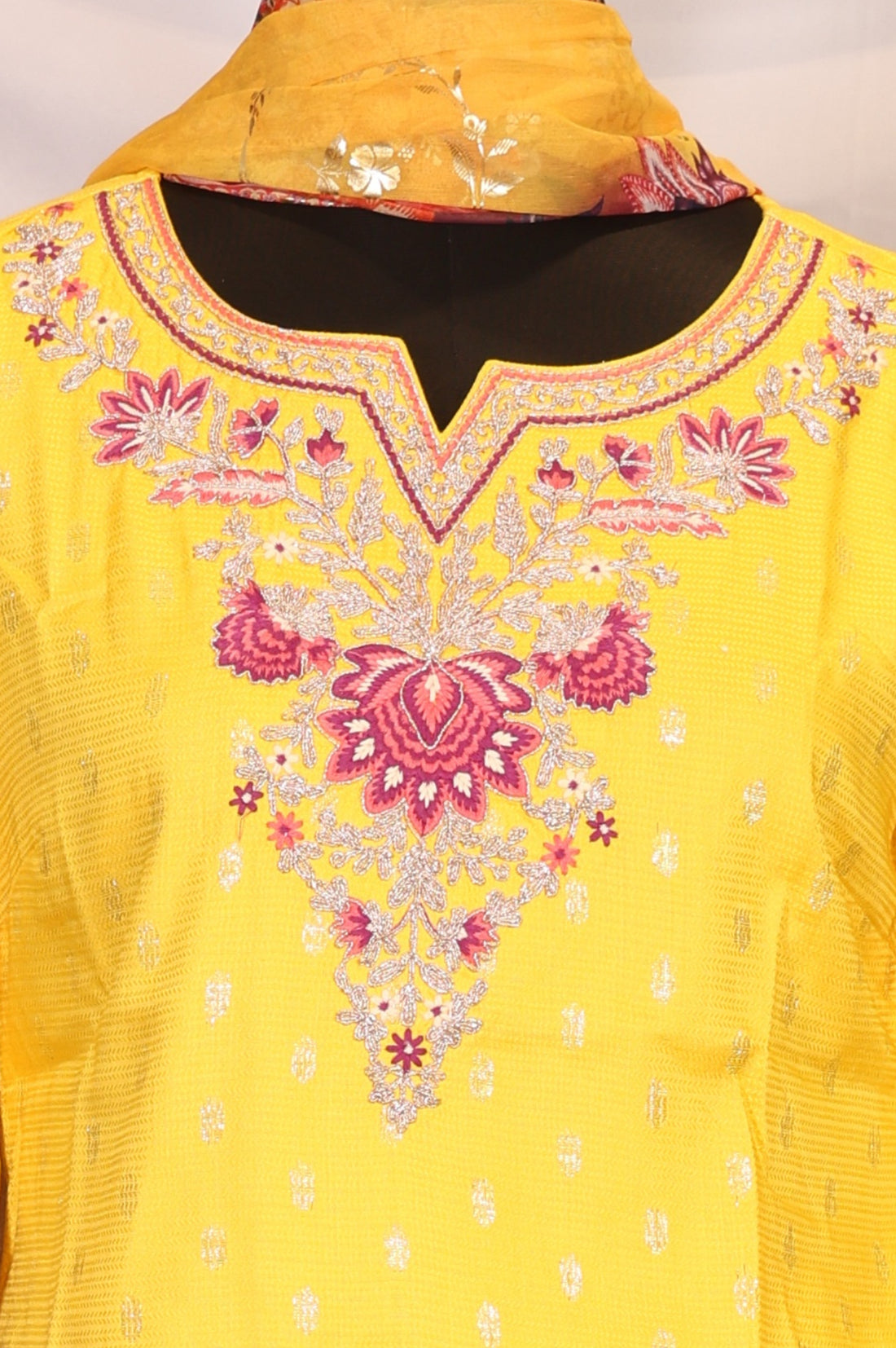Yellow Embroidered Jacquard Straight Kurta with Printed Sharara and Dupatta Set