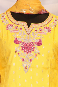 Yellow Embroidered Jacquard Straight Kurta with Printed Sharara and Dupatta Set