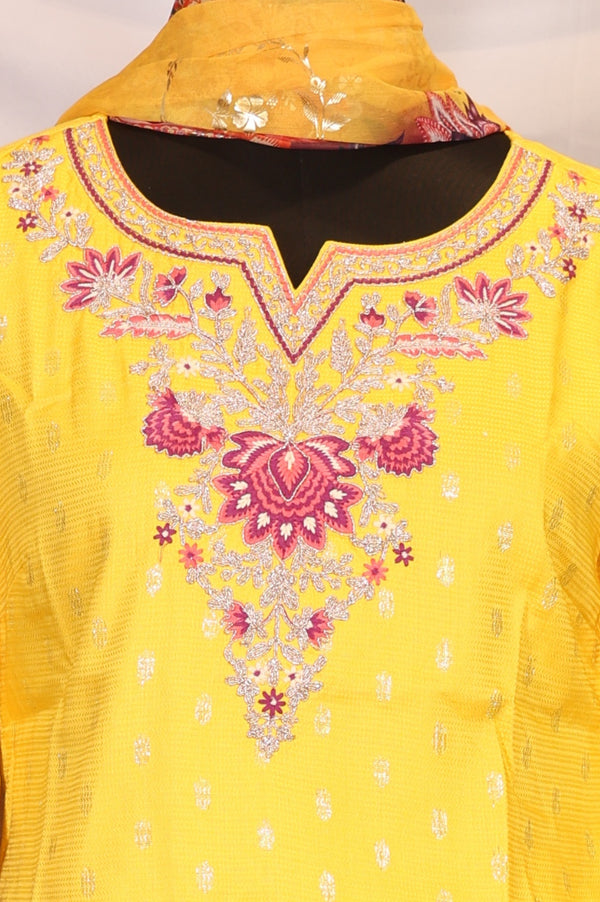 Yellow Embroidered Jacquard Straight Kurta with Printed Sharara and Dupatta Set