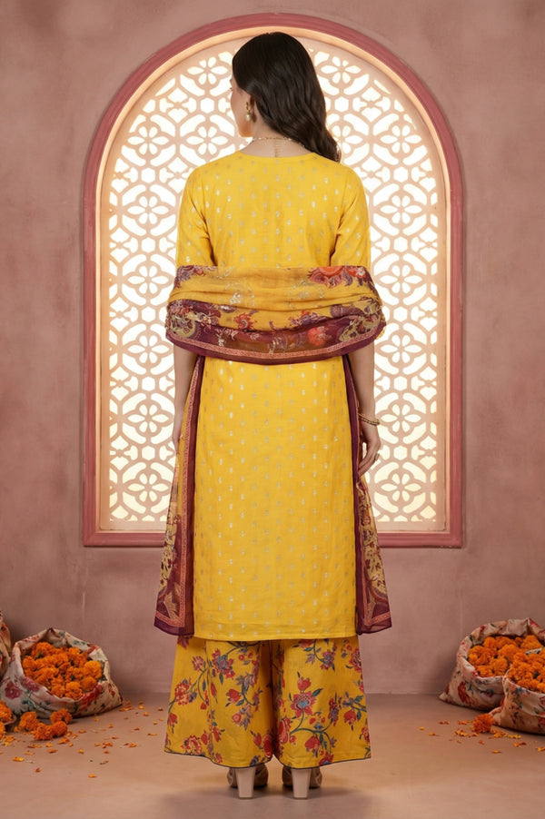 Yellow Embroidered Jacquard Straight Kurta with Printed Sharara and Dupatta Set