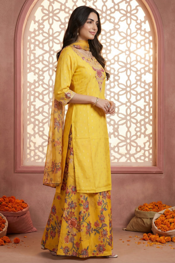 Yellow Embroidered Jacquard Straight Kurta with Printed Sharara and Dupatta Set
