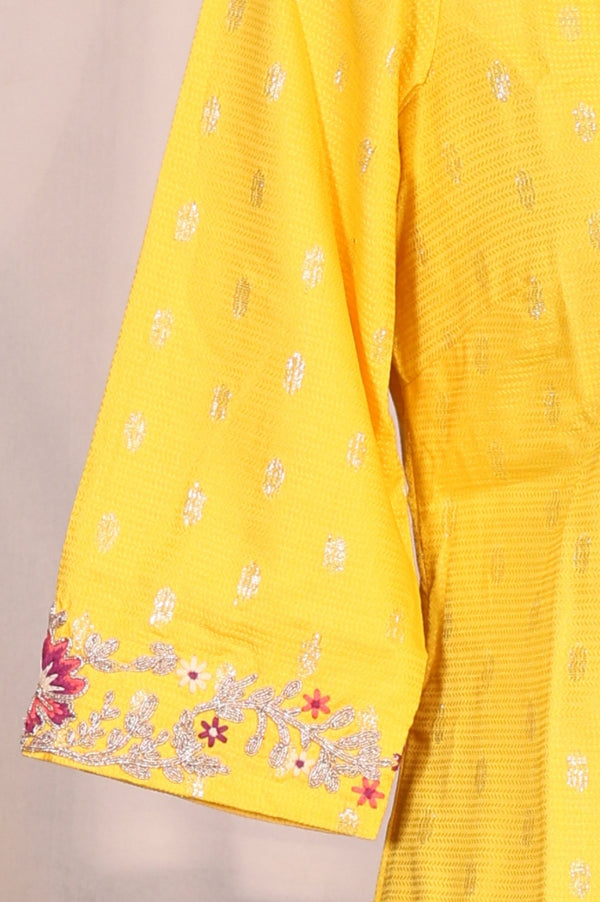 Yellow Embroidered Jacquard Straight Kurta with Printed Sharara and Dupatta Set