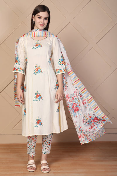 Off-White Embroidered A-Line Cotton Kurta with Trouser and Dupatta Set