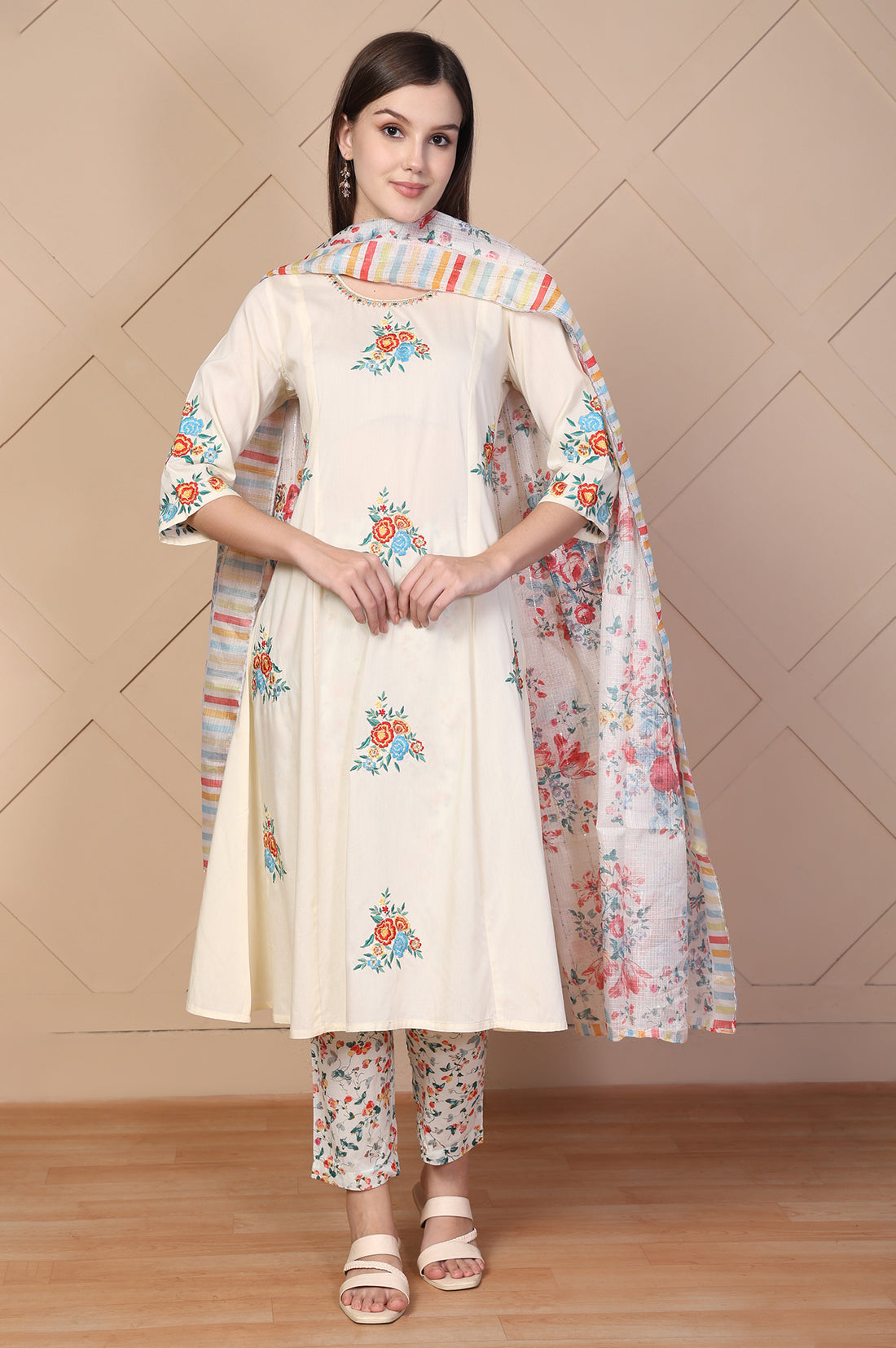 Off-White Embroidered A-Line Cotton Kurta with Trouser and Dupatta Set