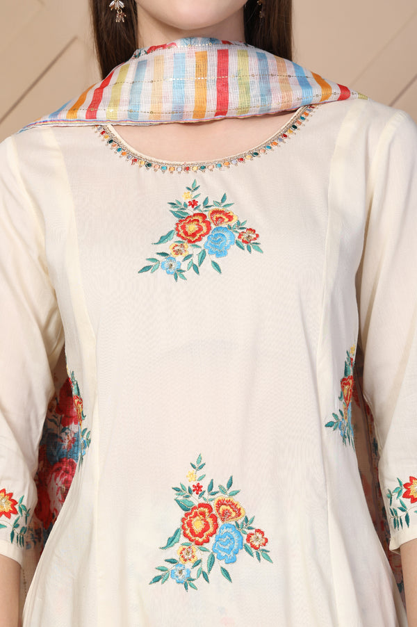 Off-White Embroidered A-Line Cotton Kurta with Trouser and Dupatta Set