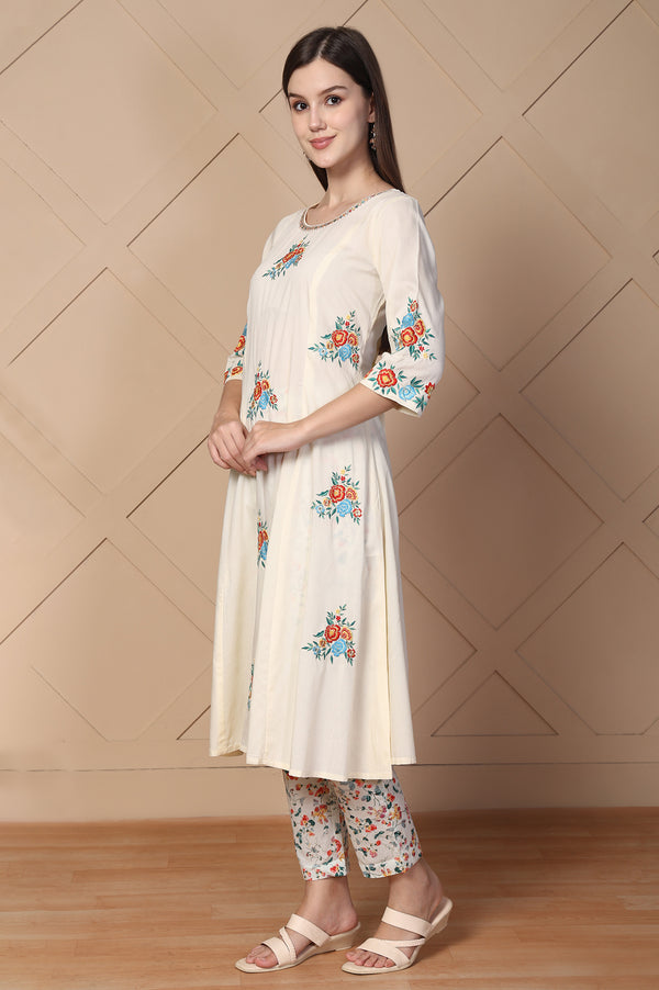 Off-White Embroidered A-Line Cotton Kurta with Trouser and Dupatta Set