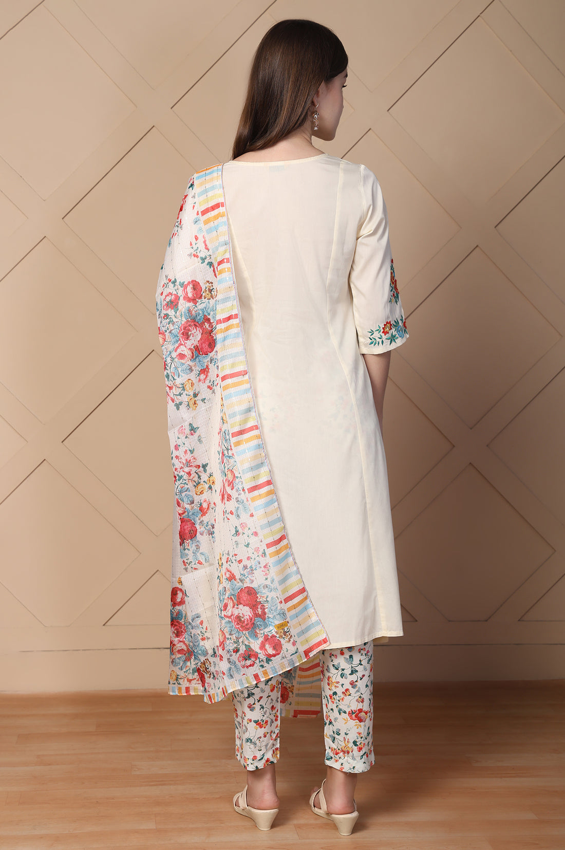 Off-White Embroidered A-Line Cotton Kurta with Trouser and Dupatta Set