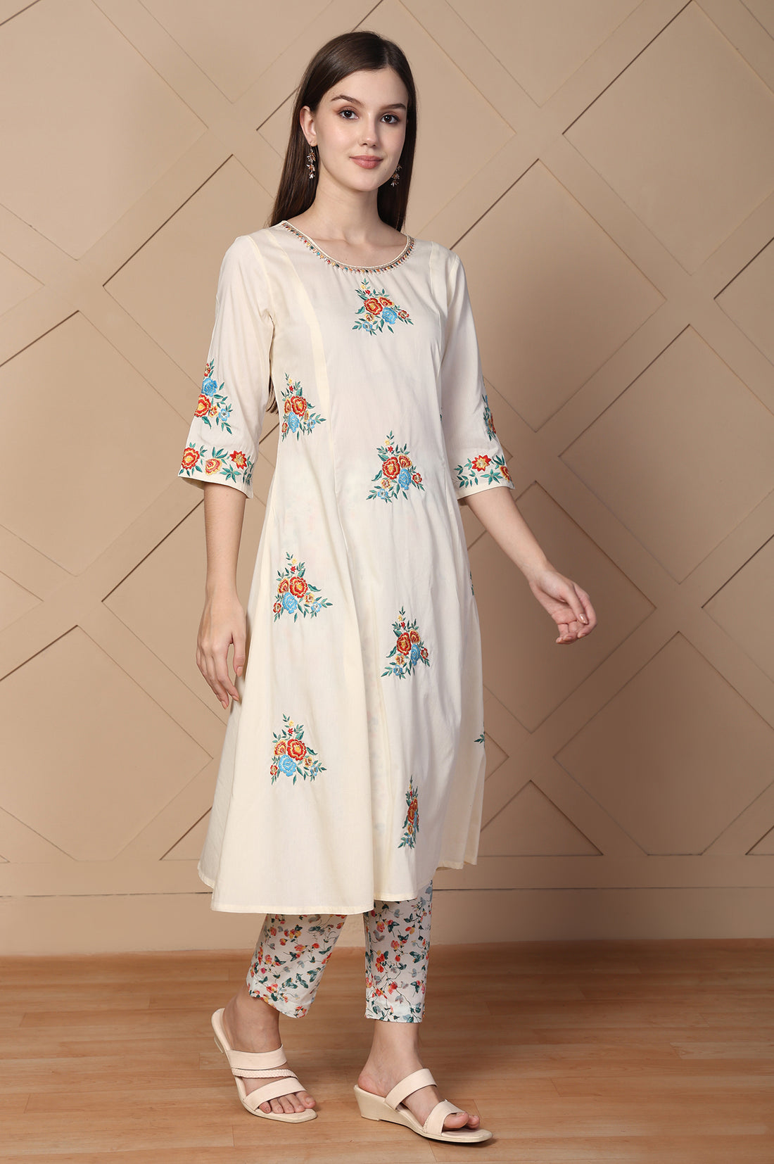Off-White Embroidered A-Line Cotton Kurta with Trouser and Dupatta Set