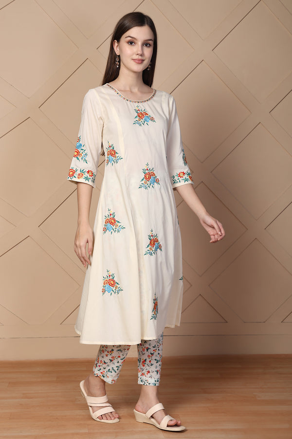 Off-White Embroidered A-Line Cotton Kurta with Trouser and Dupatta Set